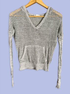 Garage Open Knit Hooded Sweater Gray V-Neck Pullover Y2K